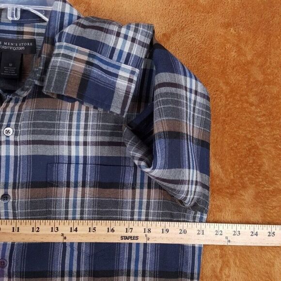 BLOOMINGDALES Mens Shirt Medium Blue Plaid Button Up Flannel Casual Pocket - Picture 5 of 7